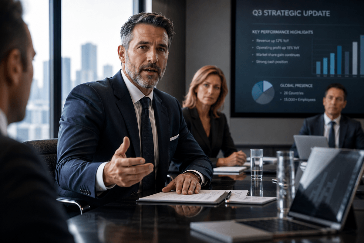 Senior professionals discussing a strategic update in a boardroom.